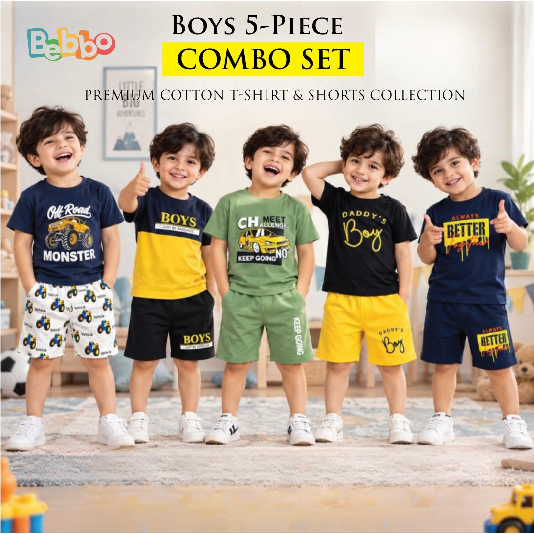 Boys 5-Piece Combo Set – Premium Cotton T-Shirt & Shorts Collection